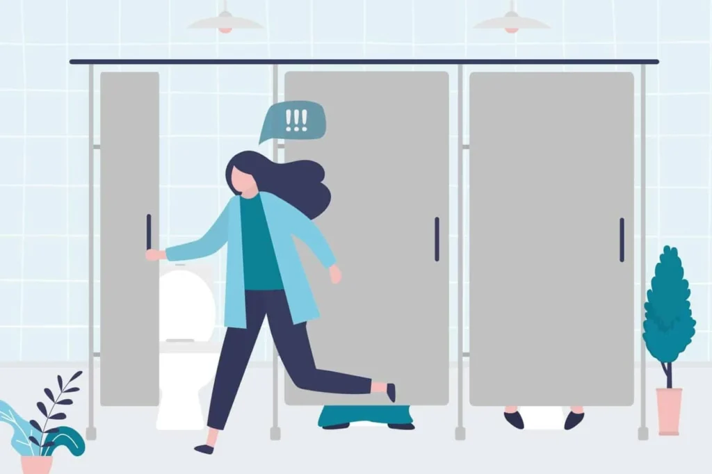 graphic of Urine incontinence Northolt woman running to the toilet.