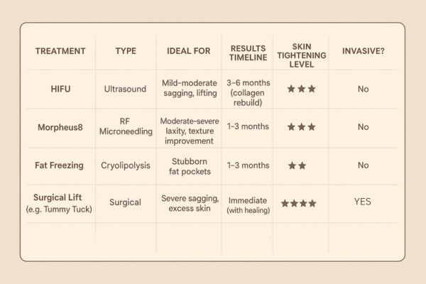 Table showing the comparisons of Skin tightening Northolt treatment options.